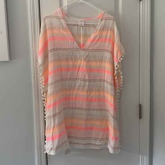 Pom Pom trim Cover up Dress size L summer beach vacation pink‎ orange boho - Picture 6 of 10
